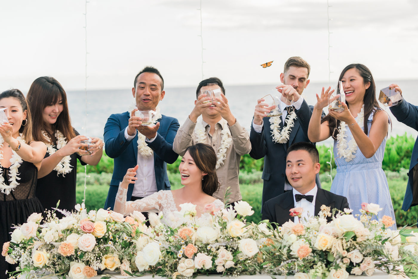 wedding couple and wedding guests releasing live monarch butterflies holding the clear box at a ocean front outdoor venue in Hawaii 